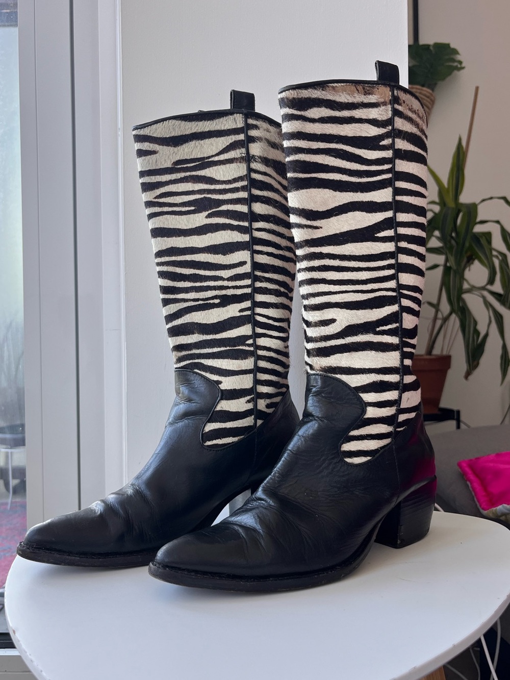 Vintage Zebra-Print Pony Hair Leather Mid-Calf Western Cowboy Boots
